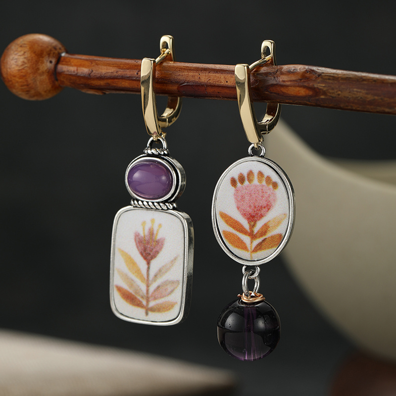 Boho Asymmetric Floral Print Dangle Earrings